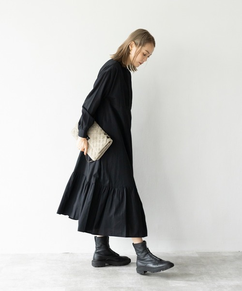 HERENCIA（ヘレンチア）の「ピンタックデザイン バンドカラー ソフトツイル ワンピース（ドレス・レディース・ブラック/レッド/オフホワイト/ミント/マスタード・MEDIUM）」の12枚目の写真