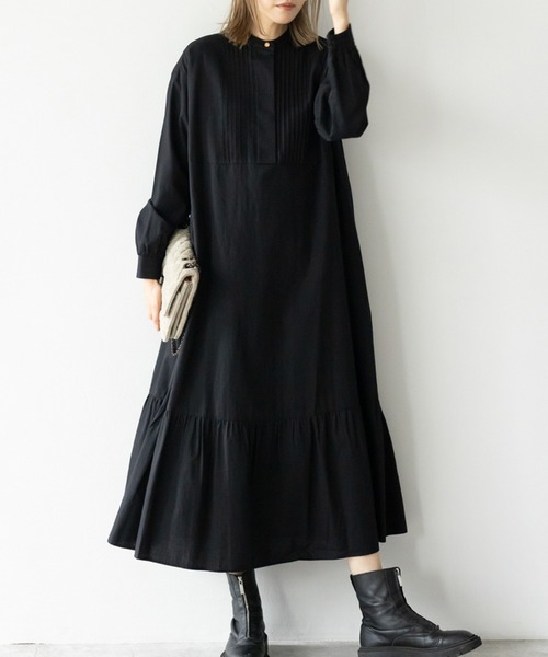 HERENCIA（ヘレンチア）の「ピンタックデザイン バンドカラー ソフトツイル ワンピース（ドレス・レディース・ブラック/レッド/オフホワイト/ミント/マスタード・MEDIUM）」の10枚目の写真