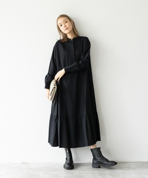 HERENCIA（ヘレンチア）の「ピンタックデザイン バンドカラー ソフトツイル ワンピース（ドレス・レディース・ブラック/レッド/オフホワイト/ミント/マスタード・MEDIUM）」の11枚目の写真