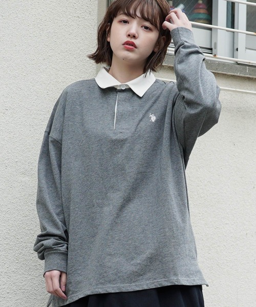 古着　長袖ポロシャツ　ラガーシャツ　ベージュ　刺繍ロゴ　POLOASSN ワンフォークロージング 1111clothing ラガーシャツ メンズ
