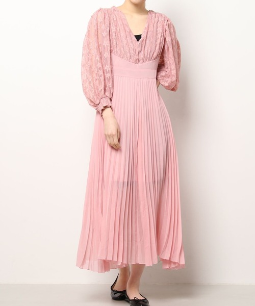 Jasmine】Vネックレースプリーツフレアワンピース（ワンピース