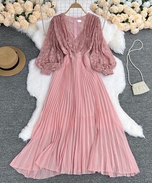 Jasmine】Vネックレースプリーツフレアワンピース（ワンピース