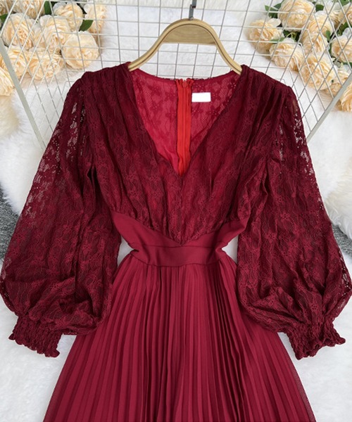 Jasmine】Vネックレースプリーツフレアワンピース（ワンピース