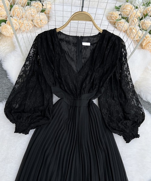 Jasmine】Vネックレースプリーツフレアワンピース（ワンピース