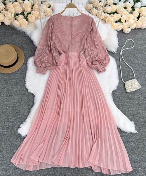 Jasmine】Vネックレースプリーツフレアワンピース（ワンピース