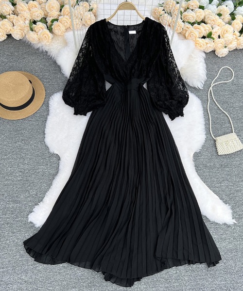 Jasmine】Vネックレースプリーツフレアワンピース（ワンピース