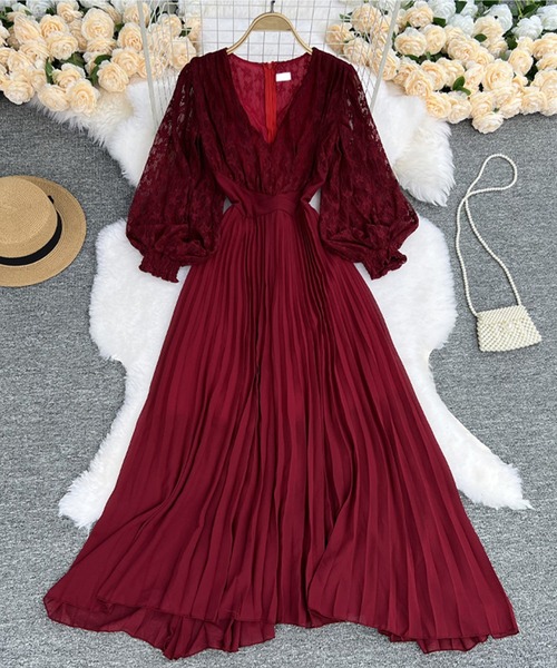 セール】【Jasmine】Vネックレースプリーツフレアワンピース