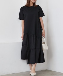 異素材切り替えアシメワンピース