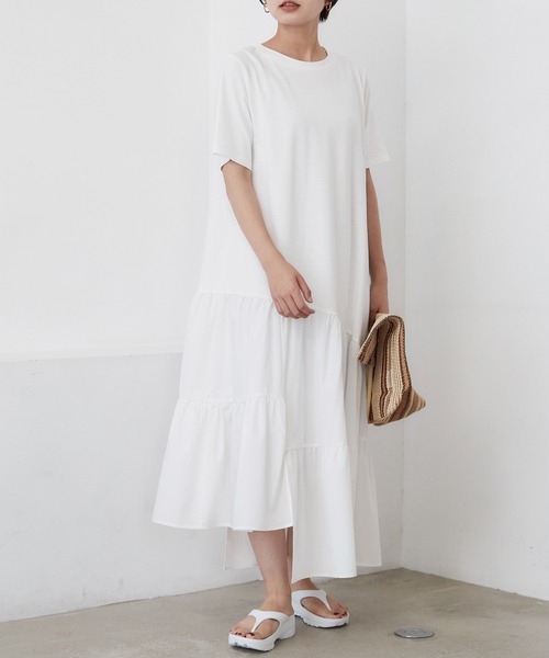 INCEDE（インシード）の「異素材切り替えアシメワンピース（ワンピース・レディース・ブラック/オフホワイト・LL/3L/4L/M/L）」の12枚目の写真