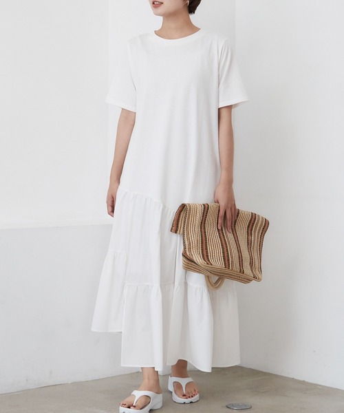 INCEDE（インシード）の「異素材切り替えアシメワンピース（ワンピース・レディース・ブラック/オフホワイト・LL/3L/4L/M/L）」の14枚目の写真