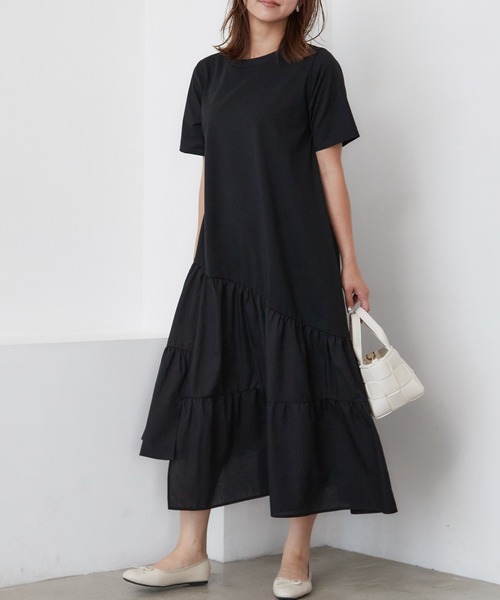 INCEDE（インシード）の「異素材切り替えアシメワンピース（ワンピース・レディース・ブラック/オフホワイト・LL/3L/4L/M/L）」の9枚目の写真