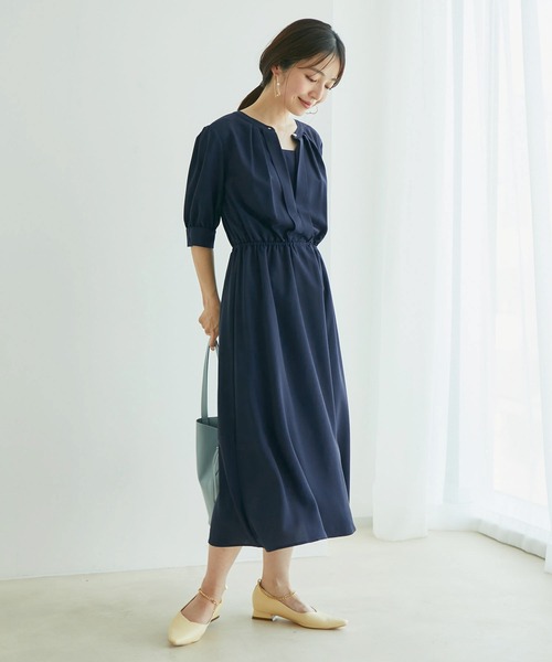 VIS（ビス）の「【EASY CARE】フロントタック5分袖ワンピース（ワンピース・レディース・ネイビー/ラベンダー/イエロー・M/S）」の5枚目の写真