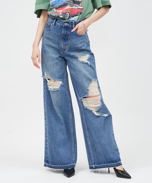 SPIRALGIRL（スパイラルガール）の「ハイウエストクラッシュデニム（デニムパンツ・レディース・ライトブルー/インディゴブルー・SMALL/MEDIUM）」の17枚目の写真