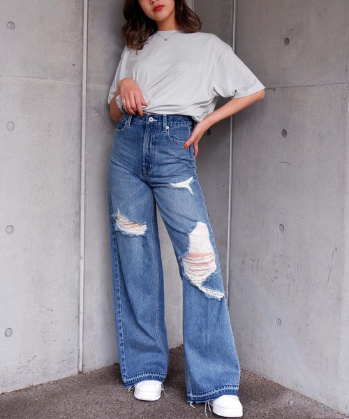 SPIRALGIRL（スパイラルガール）の「ハイウエストクラッシュデニム（デニムパンツ・レディース・ライトブルー/インディゴブルー・SMALL/MEDIUM）」の6枚目の写真