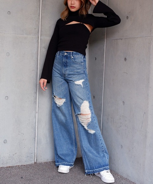 SPIRALGIRL（スパイラルガール）の「ハイウエストクラッシュデニム（デニムパンツ・レディース・ライトブルー/インディゴブルー・SMALL/MEDIUM）」の8枚目の写真