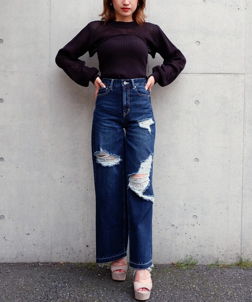 SPIRALGIRL（スパイラルガール）の「ハイウエストクラッシュデニム（デニムパンツ・レディース・ライトブルー/インディゴブルー・SMALL/MEDIUM）」の9枚目の写真