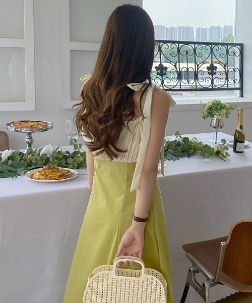 【夏らしいカラフルなカラーが爽やか♡】HERMES ワンピース セール】バイカラー切り替えAラインワンピース(ワンピース