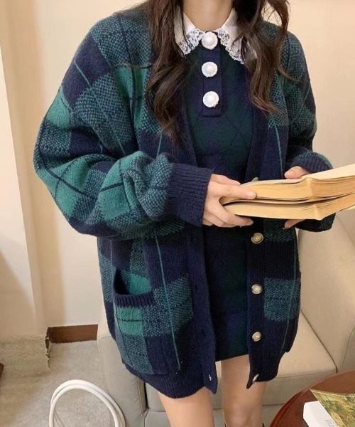 セール】【SETUP7】Vネックポケット付きチェックカーディガン SCCH289