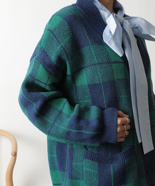 セール】【SETUP7】Vネックポケット付きチェックカーディガン SCCH289