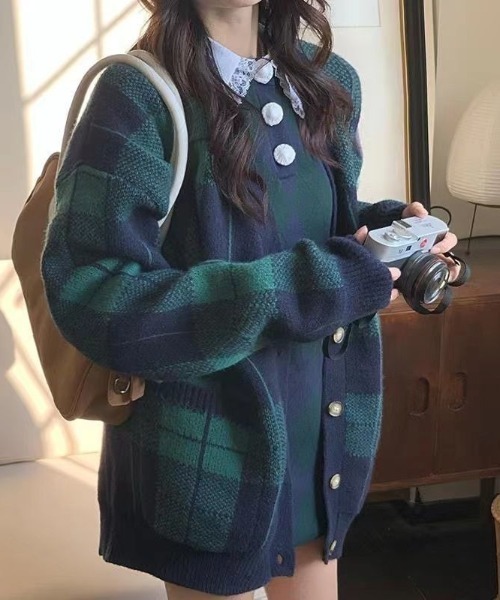 セール】【SETUP7】Vネックポケット付きチェックカーディガン SCCH289