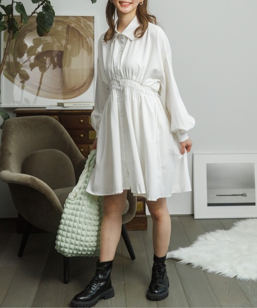 Miniministore(ミニミニストア)の「ボリュームスリーブ チュニック シャツワンピース(シャツワンピース・レディース・ブラック/ホワイト・M/L)」の4枚目の写真