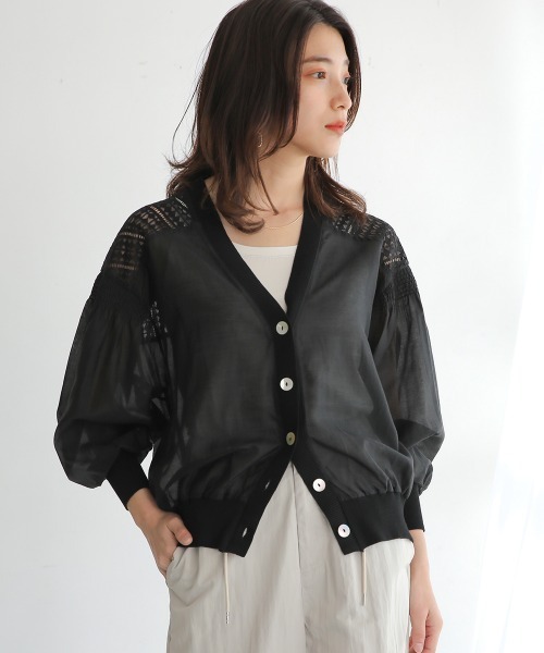 Bou Jeloud（ブージュルード）の「シアーニットコンビカーディガン（カーディガン/ボレロ・レディース・オフホワイト/ブラック・FREE）」の5枚目の写真