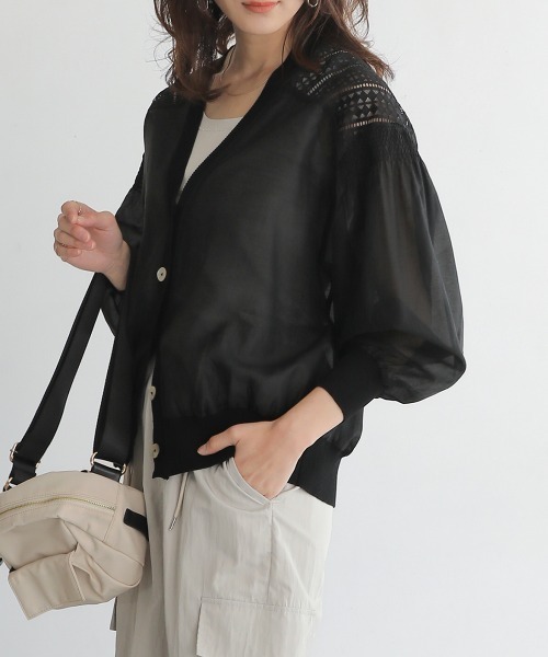 Bou Jeloud（ブージュルード）の「シアーニットコンビカーディガン（カーディガン/ボレロ・レディース・オフホワイト/ブラック・FREE）」の6枚目の写真