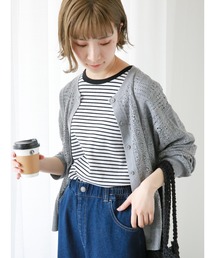 Samansa Mos2 blue | リブボーダーTシャツ(Tシャツ/カットソー)