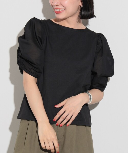BEAMS HEART（ビームスハート）の「BEAMS HEART / 袖異素材 ギャザープルオーバー（Tシャツ/カットソー・レディース・ブルー系その他4/ブラック/オフホワイト・FREE）」の6枚目の写真