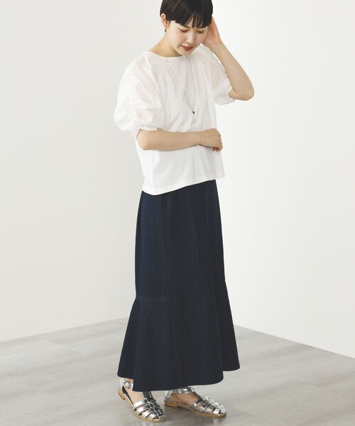 BEAMS HEART（ビームスハート）の「BEAMS HEART / 袖異素材 ギャザープルオーバー（Tシャツ/カットソー・レディース・ブルー系その他4/ブラック/オフホワイト・FREE）」の14枚目の写真