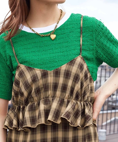 w closet(ダブルクローゼット)の「フリルギャザーキャミワンピース(ワンピース・レディース・ブラウン系その他/ブラウン/スミクロ/オフホワイト・FREE)」の10枚目の写真