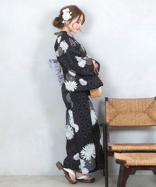 セール】浴衣セット レディース レトロ モノトーン 菊 ブラック グレー