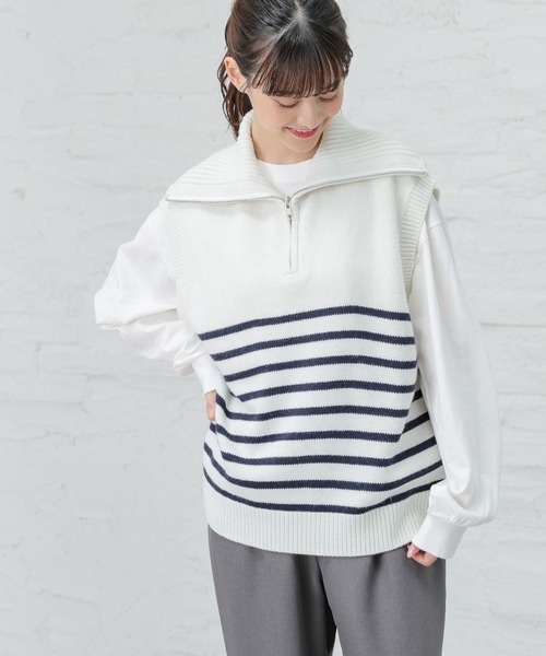 Honeys(ハニーズ)の「ハーフジップベスト(ベスト・レディース・アイボリー/ホワイト×ネイビー/ベージュ/モカ/ブラック・L/S/M)」の3枚目の写真