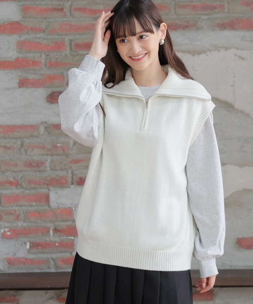 Honeys(ハニーズ)の「ハーフジップベスト(ベスト・レディース・アイボリー/ホワイト×ネイビー/ベージュ/モカ/ブラック・L/S/M)」の8枚目の写真