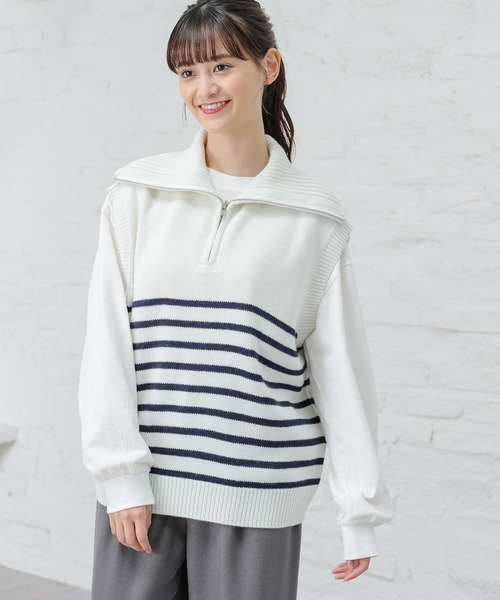 Honeys(ハニーズ)の「ハーフジップベスト(ベスト・レディース・アイボリー/ホワイト×ネイビー/ベージュ/モカ/ブラック・L/S/M)」の20枚目の写真