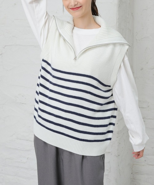 Honeys(ハニーズ)の「ハーフジップベスト(ベスト・レディース・アイボリー/ホワイト×ネイビー/ベージュ/モカ/ブラック・L/S/M)」の21枚目の写真
