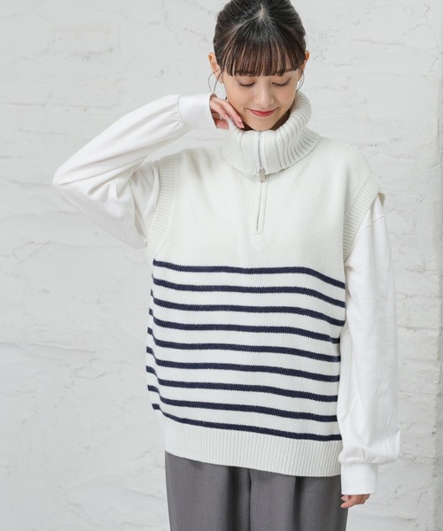 Honeys(ハニーズ)の「ハーフジップベスト(ベスト・レディース・アイボリー/ホワイト×ネイビー/ベージュ/モカ/ブラック・L/S/M)」の22枚目の写真