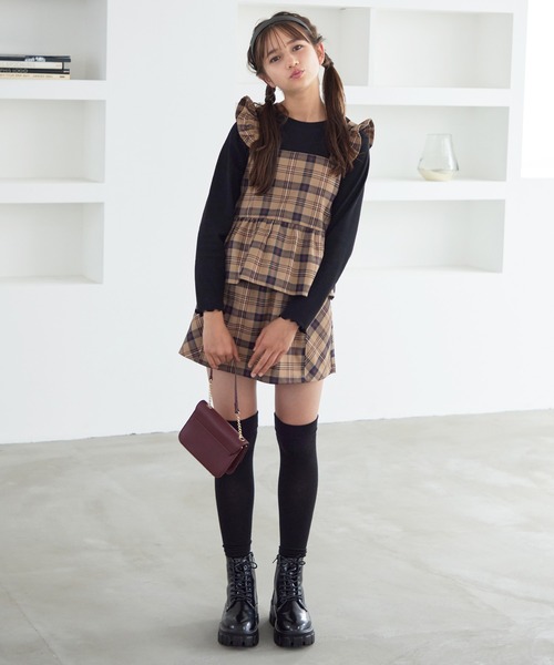 Amourire girl（アムリールガール）の「【セットアップ可】チェック柄フロントリボンキュロット(130cm～150cm)（その他パンツ・キッズ・ネイビー/ブラウン/ブラック/ベージュ/グレー/ダークネイビー・130cm/140cm/150cm/160cm/110cm/120cm）」の8枚目の写真