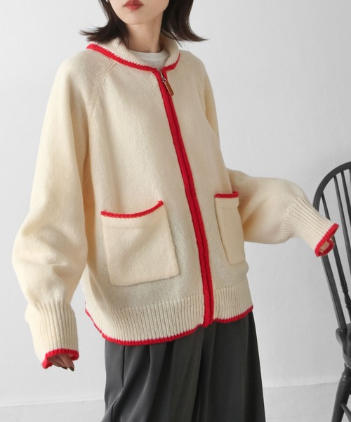 Chillfar（チルファー）の「カラーラインジップニットカーディガン（カーディガン/ボレロ・レディース・ホワイト×ネイビー/チャコール/ホワイト×レッド・FREE）」の7枚目の写真