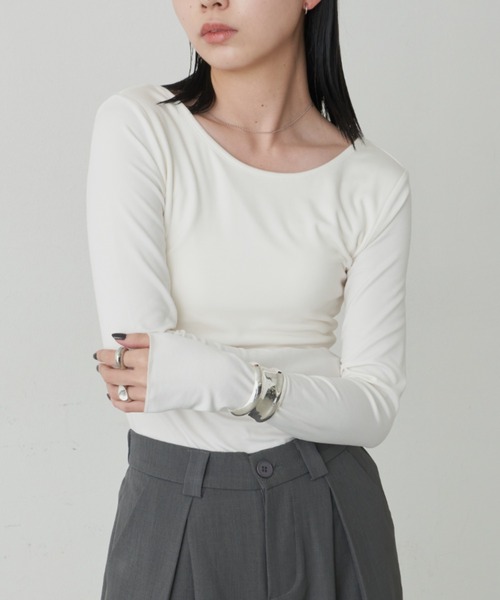 Aunt Marie's(アントマリーズ)の「カップ付きバックオープンヒートトップス / カップ取り外し可能(Tシャツ/カットソー・レディース・チャコールグレー/ブラック/ホワイト・FREE)」の5枚目の写真