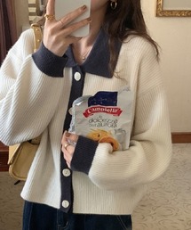 バイカラー襟付き前釦ニットカーデ