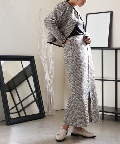 ULEULA(ウルア)の「ツイードノーカラーパイピングジャケット/オケージョン(ノーカラージャケット・レディース・ブラック/アイボリー・FREE)」の5枚目の写真