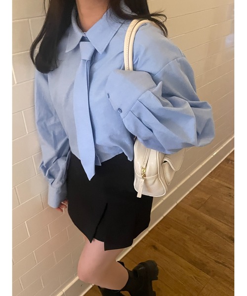 RiLi（リリ）の「ネクタイ付きシャツ【RL】（シャツ/ブラウス・レディース・ホワイト/ブルー/グレー・FREE）」の3枚目の写真