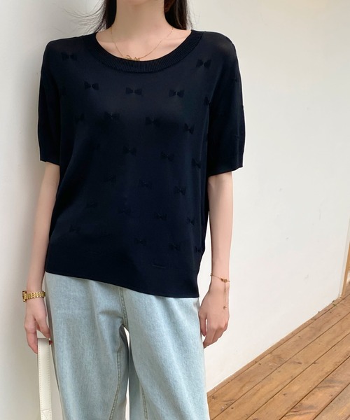 Achic(アシック)の「リボン半袖ニットプルオーバー(ニット/セーター・レディース・アイボリー/ブラック/ホワイト/ピンク・M)」の4枚目の写真