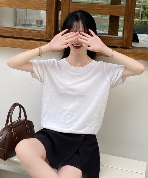 Achic(アシック)の「リボン半袖ニットプルオーバー(ニット/セーター・レディース・アイボリー/ブラック/ホワイト/ピンク・M)」の5枚目の写真