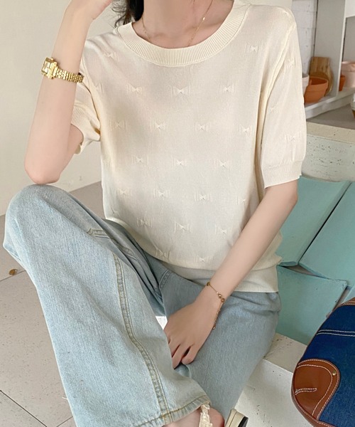 Achic(アシック)の「リボン半袖ニットプルオーバー(ニット/セーター・レディース・アイボリー/ブラック/ホワイト/ピンク・M)」の13枚目の写真