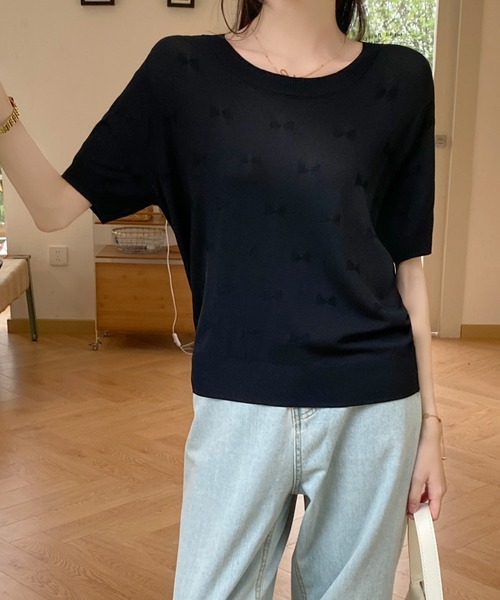 Achic(アシック)の「リボン半袖ニットプルオーバー(ニット/セーター・レディース・アイボリー/ブラック/ホワイト/ピンク・M)」の18枚目の写真