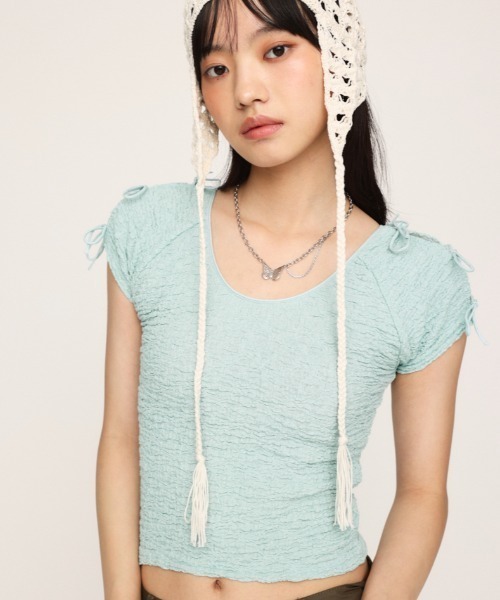 SLY（スライ）の「2WAY RIBBON JQ TOPS ツーウェイ リボン ジャガード トップス（Tシャツ/カットソー・レディース・ブラウン/ライトブルー/アイボリー・FREE）」の3枚目の写真
