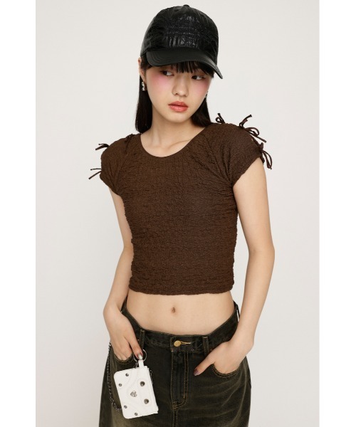 SLY（スライ）の「2WAY RIBBON JQ TOPS ツーウェイ リボン ジャガード トップス（Tシャツ/カットソー・レディース・ブラウン/ライトブルー/アイボリー・FREE）」の4枚目の写真