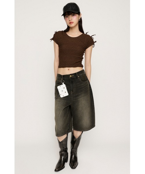 SLY（スライ）の「2WAY RIBBON JQ TOPS ツーウェイ リボン ジャガード トップス（Tシャツ/カットソー・レディース・ブラウン/ライトブルー/アイボリー・FREE）」の5枚目の写真